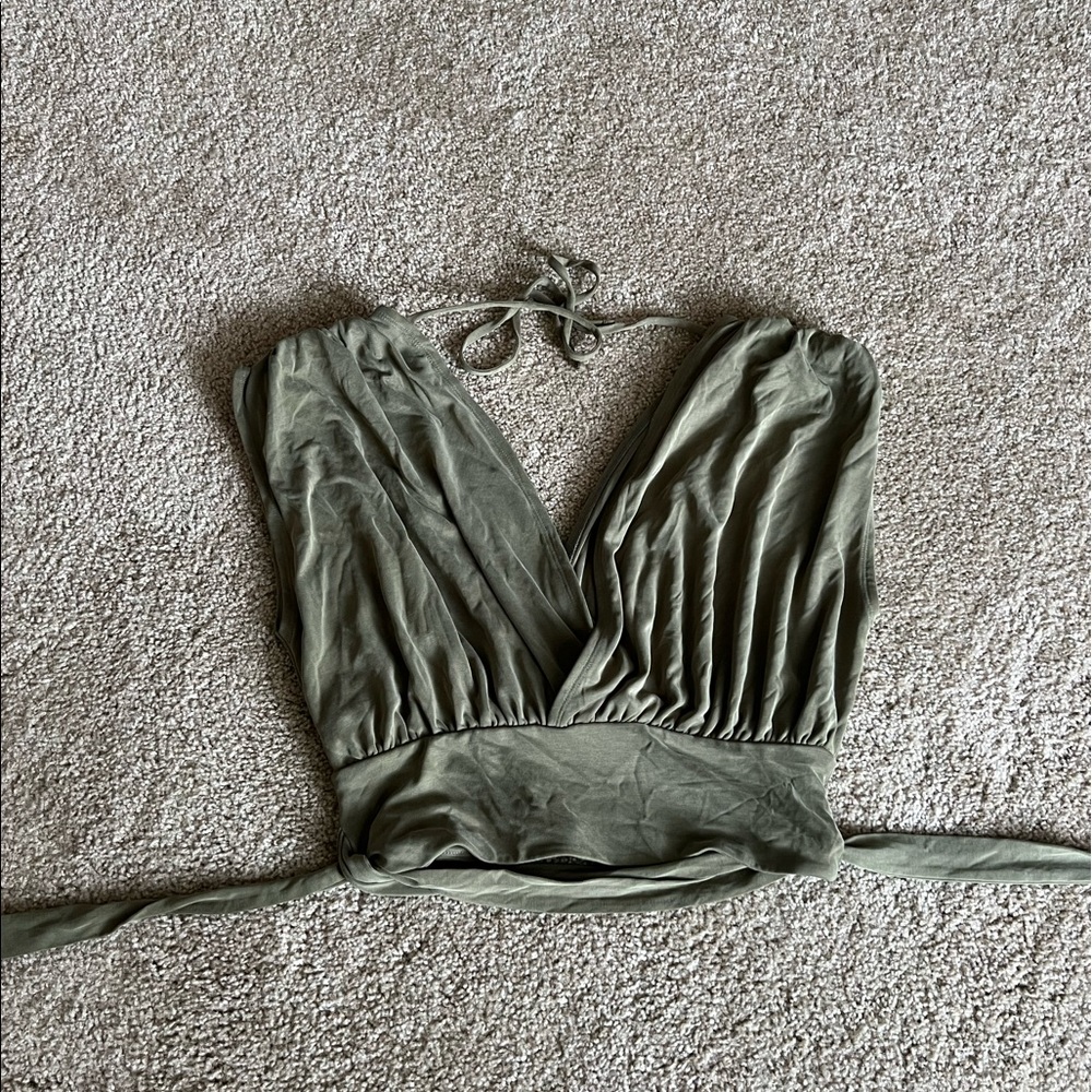 Express Green/Khaki Crop Blouse with Ties